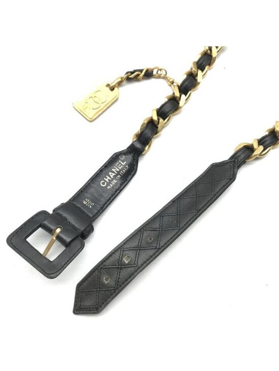Chanel Logo Plate Gold Vintage Leather Chain Belt Black main image 7